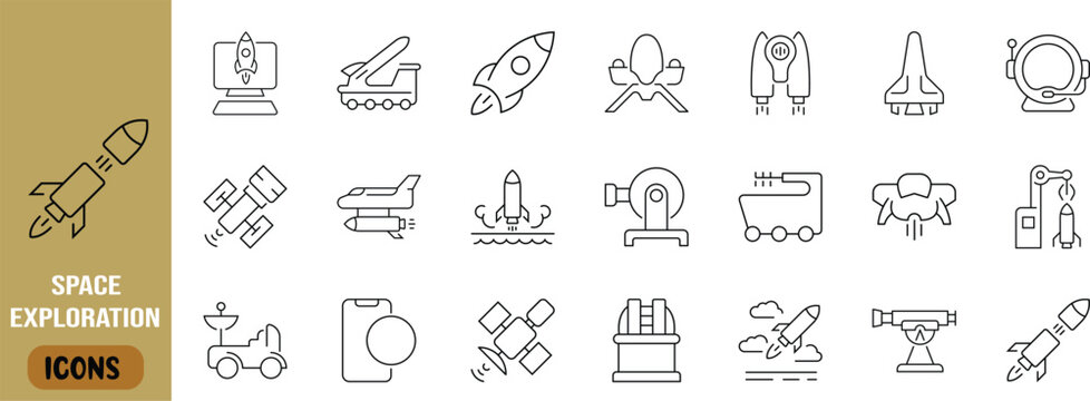 Space exploration line vector icons. rocket icon set, satellite icon set, spaceship icon set