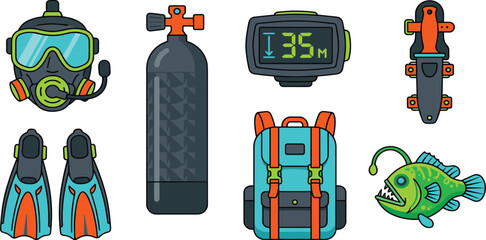 Deep Sea Scuba Diving Vector Icon Set with Full Face Mask, Oxygen Tank, Dive Computer, Fins, Backpack BCD, Knife, and Anglerfish © MDSAROWARHOSSAIN