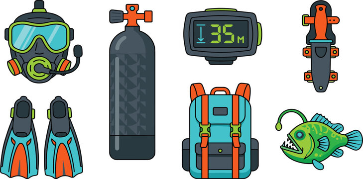 Deep Sea Scuba Diving Vector Icon Set with Full Face Mask, Oxygen Tank, Dive Computer, Fins, Backpack BCD, Knife, and Anglerfish