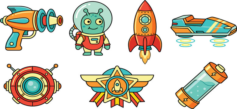 Cute Retro Sci-Fi Space Exploration Vector Icon Set with Ray Gun, Alien Astronaut, Rocket Ship, Hover Car, Robot Drone, Star Badge, and Power Battery