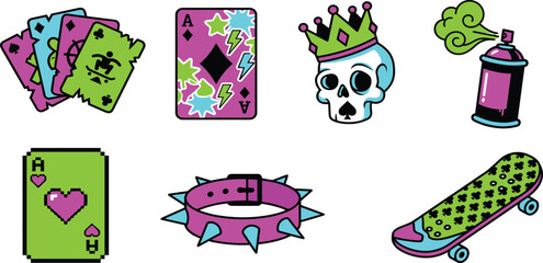 Fototapeta premium Edgy Y2K Punk Skate Vector Icon Set with Playing Cards, Skull wearing Crown, Spray Paint Can, Pixel Art Heart Ace, Spiked Choker, and Skateboard