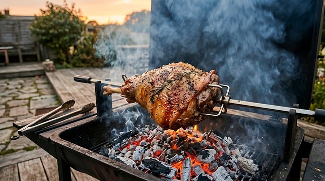 Large piece of seasoned meat roasting on a rotisserie spit over hot glowing charcoal grill outdoors. pierna cordero