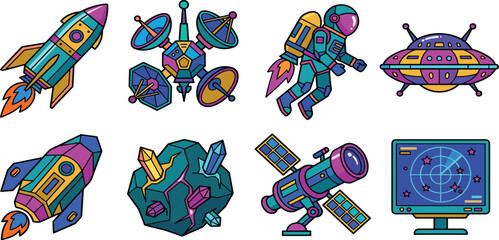 Outer Space Exploration Vector Icon Set with Rocket Ships, Satellite Dishes, Jetpack Astronaut, Alien Flying Saucer UFO, Crystal Asteroid, and Radar Monitor © MDSAROWARHOSSAIN