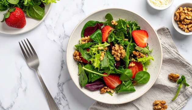 organic salad with walnuts and strawberries on marble table
