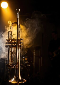 Vibrant close-up of a brass trumpet catching stage light in a dark music club filled with atmospheric smoke during a live jazz performance, neon, stage, vibration