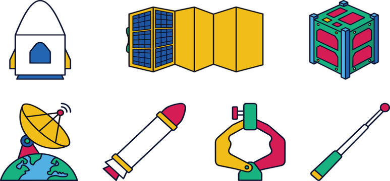 Space Technology and CubeSat Satellite Vector Icon Set with Rocket Payload Fairing, Deployable Solar Panels, Ground Station Radar, and Mechanical Hardware