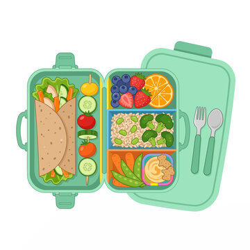Fresh fruits and vegetables in a glass lunch box with fork and knife on the side