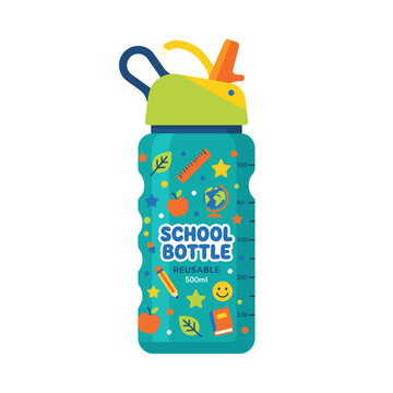 Colorful school water bottle with fun cartoon designs and carrying handle for kids