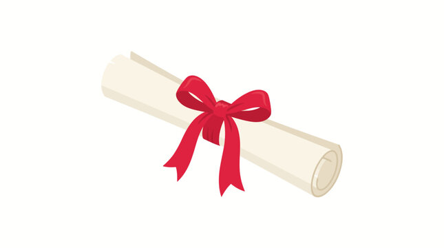 Red satin gift bow ribbon tied on rolled kraft paper for wrapping present