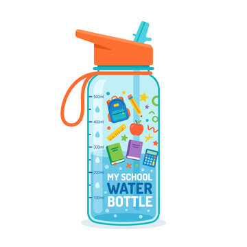 Colorful high school water bottle with measurement marks and orange lid on side