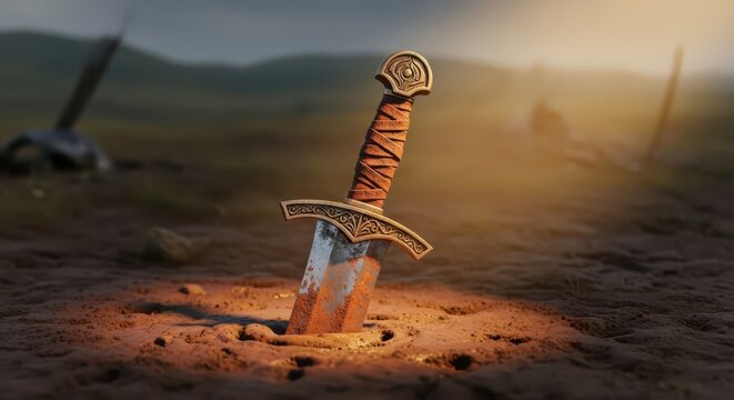 Ancient rusted sword stuck in the ground on a desolate battlefield, symbolizing defeat and forgotten history.
