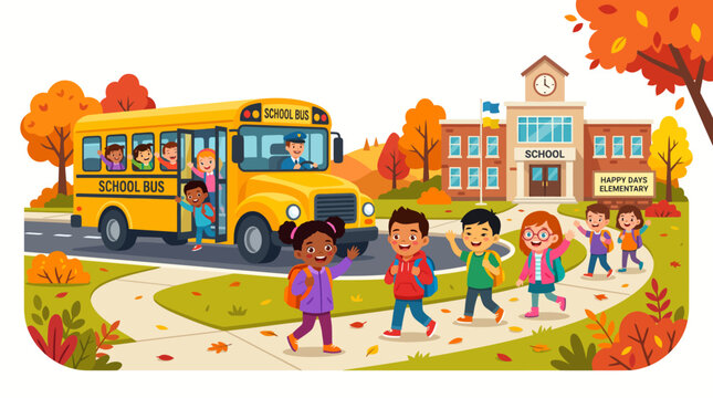 Group of happy kids getting off a yellow school bus in front of elementary school