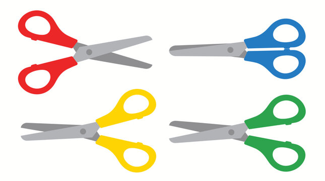 Four pairs of scissors in red, blue, yellow, and green colors closed and open on table