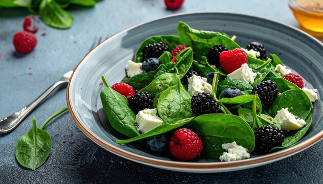 Vegetarian salad with spinach, berries and goat cheese, restaurant style
