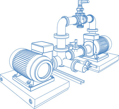 Industrial water pump station vector illustration, electric motor pipeline system blue wireframe blueprint design