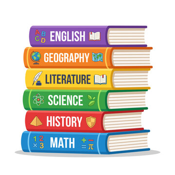 Stack of colorful school books for different subjects with pixel art icons
