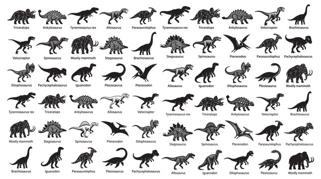 Dinosaur Silhouette Pattern Icons Set With Prehistoric Species Repeat Background For Kids And Design