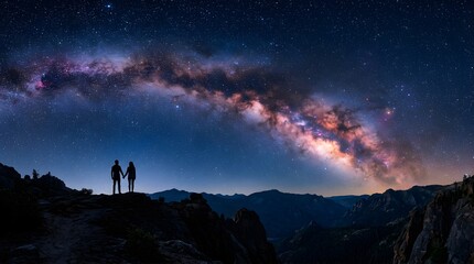 Fototapeta premium Couple holding hands looking at the milky way galaxy over mountain range