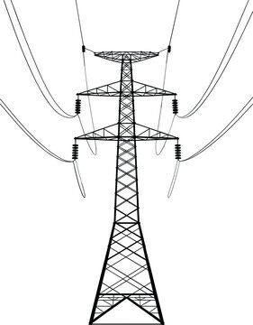 High voltage power tower vector illustration, electric pylon transmission line wireframe line art design