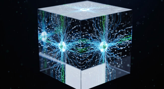 Futuristic quantum computing cube with glowing core and circuits in deep space technology background