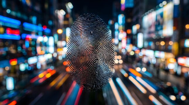 Digital fingerprint icon glowing over a blurred city street at night