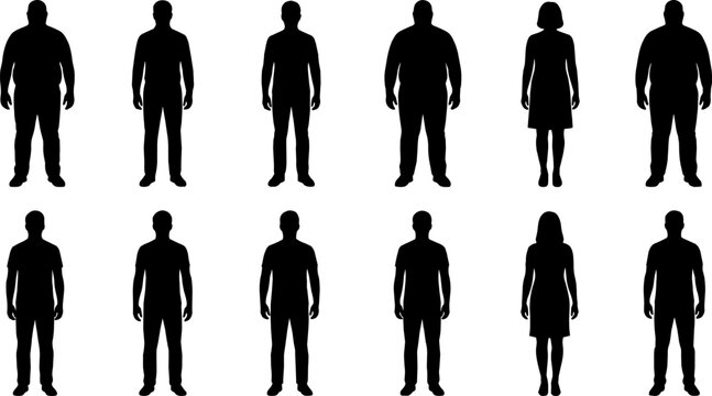 Black vector silhouettes of diverse standing men and women showing different body types isolated on white background