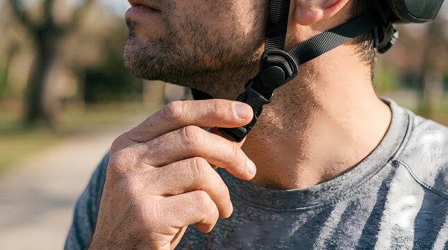 Cyclist adjusts the chin strap of a protective black helmet while preparing for an outdoor ride.