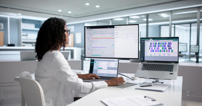 Nurse Reviews Patient Medical Records On Laptop