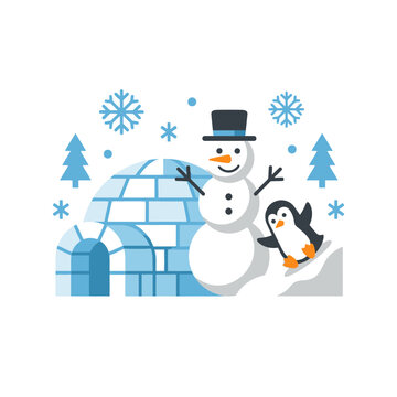 A cheerful snowman wearing a top hat stands next to an igloo with a playful penguin