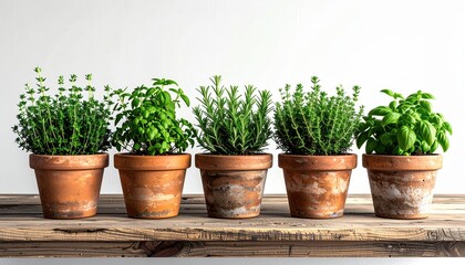 Fototapeta premium Multiple aromatic herb pots including thyme, rosemary and basil arranged naturally on wooden table with white background, realistic indoor gardening scene
