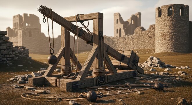 Ancient Trebuchet and Castle Ruins: Medieval Siege Weapon in a Ruined Fortress Setting