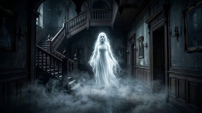 Ghostly bride standing in a dark haunted mansion