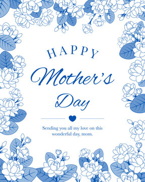Happy Mother's Day greeting card vector illustration.  Jasmine flower frame background. white and blue theme