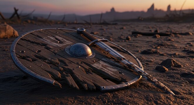 Ancient Viking Shield and Sword Lying on a Dusty Battlefield at Sunset