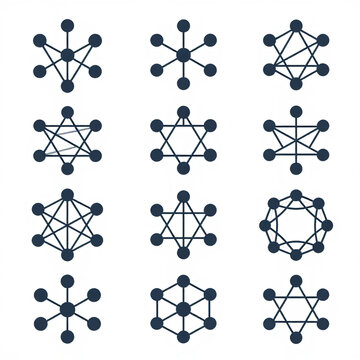 Set of geometric network node icons representing data connections and topology