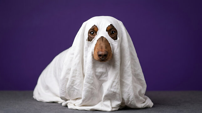 Cute basset hound dog wearing a ghost costume