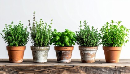 Fototapeta premium Multiple aromatic herb pots including thyme, rosemary and basil arranged naturally on wooden table with white background, realistic indoor gardening scene