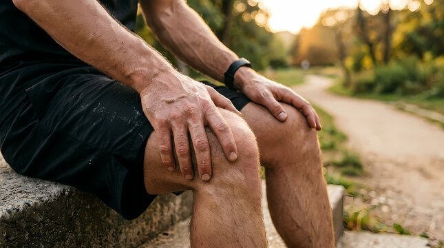 Runner sits on a concrete step with hands resting on knees during a golden hour break at the park.