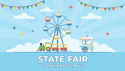 Naklejka premium State fair promotional banner template with amusement park rides including a large Ferris wheel, toy train, and food cart.