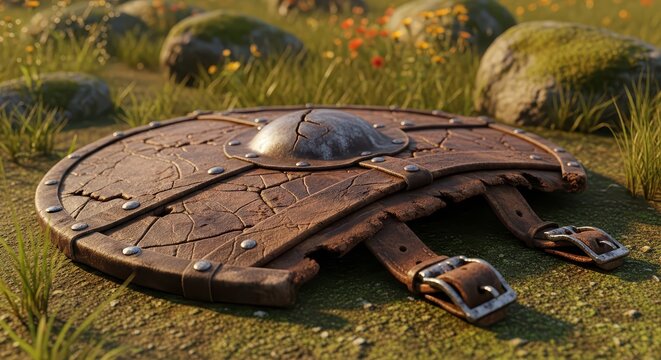 Ancient weathered wooden shield with metal rivets and leather straps lying on a grassy field with rocks and wildflowers
