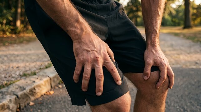 Runner rests his hands on his knees while catching his breath during a long outdoor endurance run.