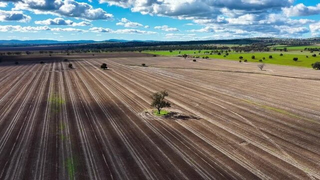 Aerial video flying over cultivated farmland near Gunnedah, NSW, Australia. The cultivated soil forms striking geometric patterns and textures