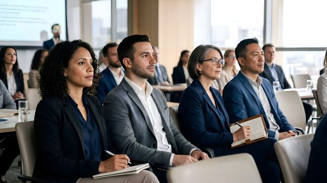 Diverse professionals attend business seminar, taking notes in modern conference room