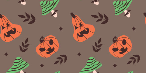 Fototapeta premium Autumn seamless Halloween pattern in warm shades with pumpkins and mushrooms with floral elements