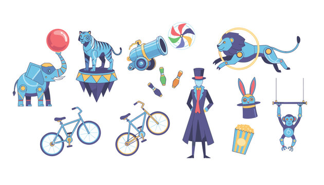 Set of futuristic robotic circus performers including mechanical animals, a magician, and stunts on a white background.