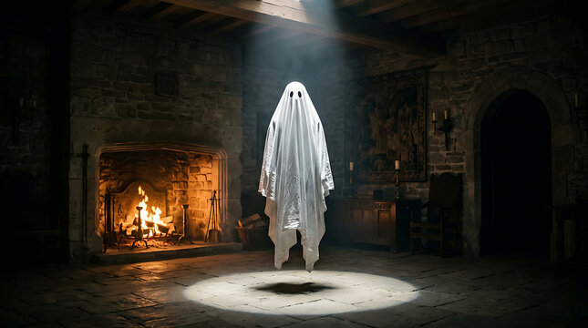Spooky ghost standing in a dark haunted room