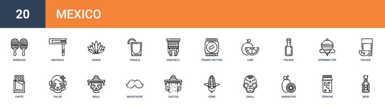 Set of 20 outline web Mexico icons such as beer, tepache, maracuya, skull, corn, cactus, moustache vector icons for report, presentation, diagram, web design, mobile app