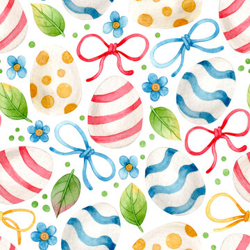 Easter print. Seamless watercolor pattern with Easter eggs, flowers and bows.
