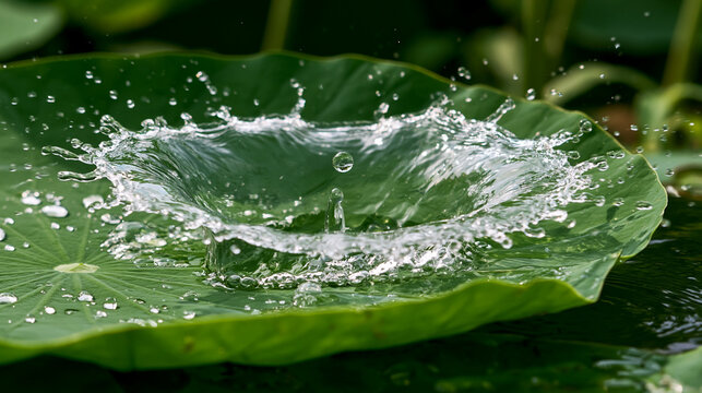 Water droplet launching from green lotus leaf, macro detail of splash.