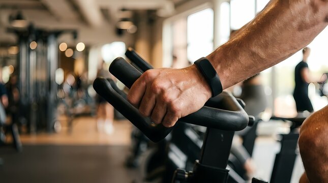 Person grips the smooth matte handlebar of a spinning bike during an intense indoor cardio workout under cool ambient gym lighting.